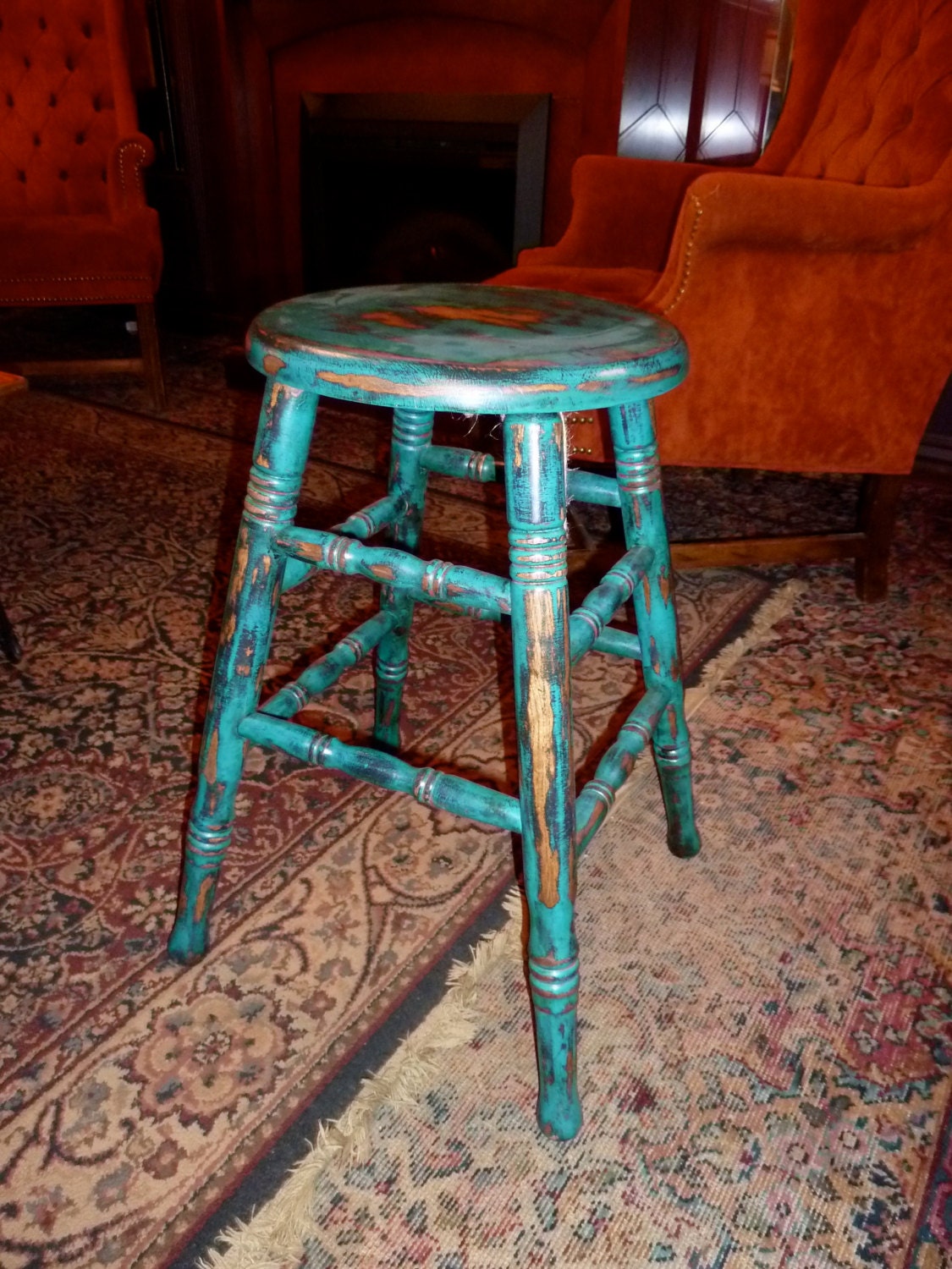 Cute Little Distressed Teal Wooden Stool