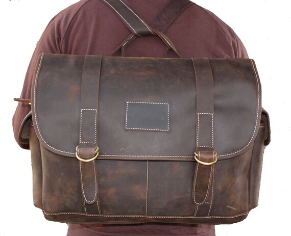 Handmade 15'' Leather Briefcase/ Backpack Bag/ by RockCowStudio