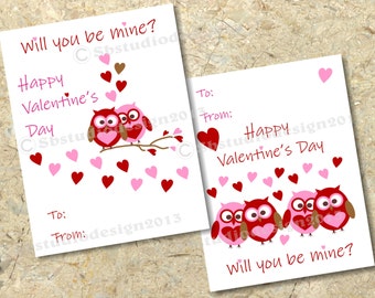 Printable kids owl valentine card, DIY valentine set instant download