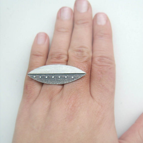 Oval Pointed Adjustable Sterling Silver Ring half Oxidized