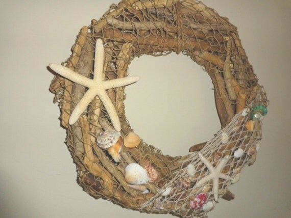 Beach driftwood wreath shells fish net coastal front door