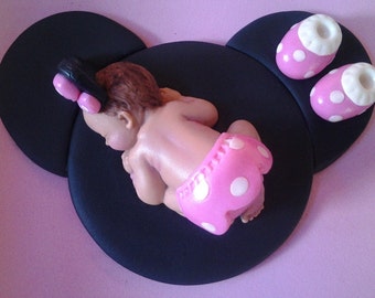 Fondant baby pink Minnie mouse cake topper for Baby Shower, Birthday, Party Favor