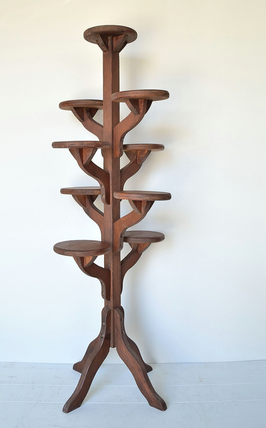vintage tall handmade wooden tiered plant stand by 