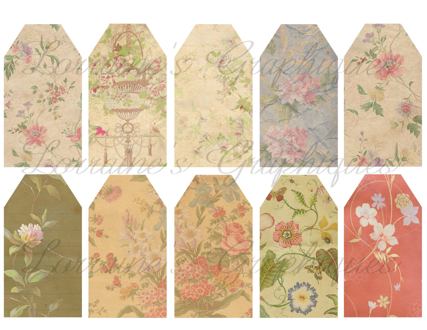 Aged Floral Shabby Chic 16 Gift Tags or Label Printables JPG