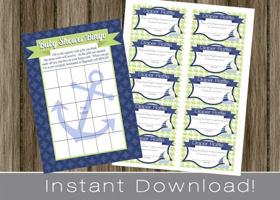 Nautical Baby Shower Bingo Game Cards and Diaper Raffle Tickets blue and green INSTANT DOWNLOAD diy digital printable files , babyshower Il_570xn