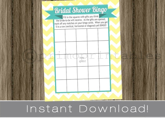 BRIDAL Shower Bingo Game Cards yellow chevron and turquoise INSTANT DOWNLOAD diy digital printable file print your own Il_570xn