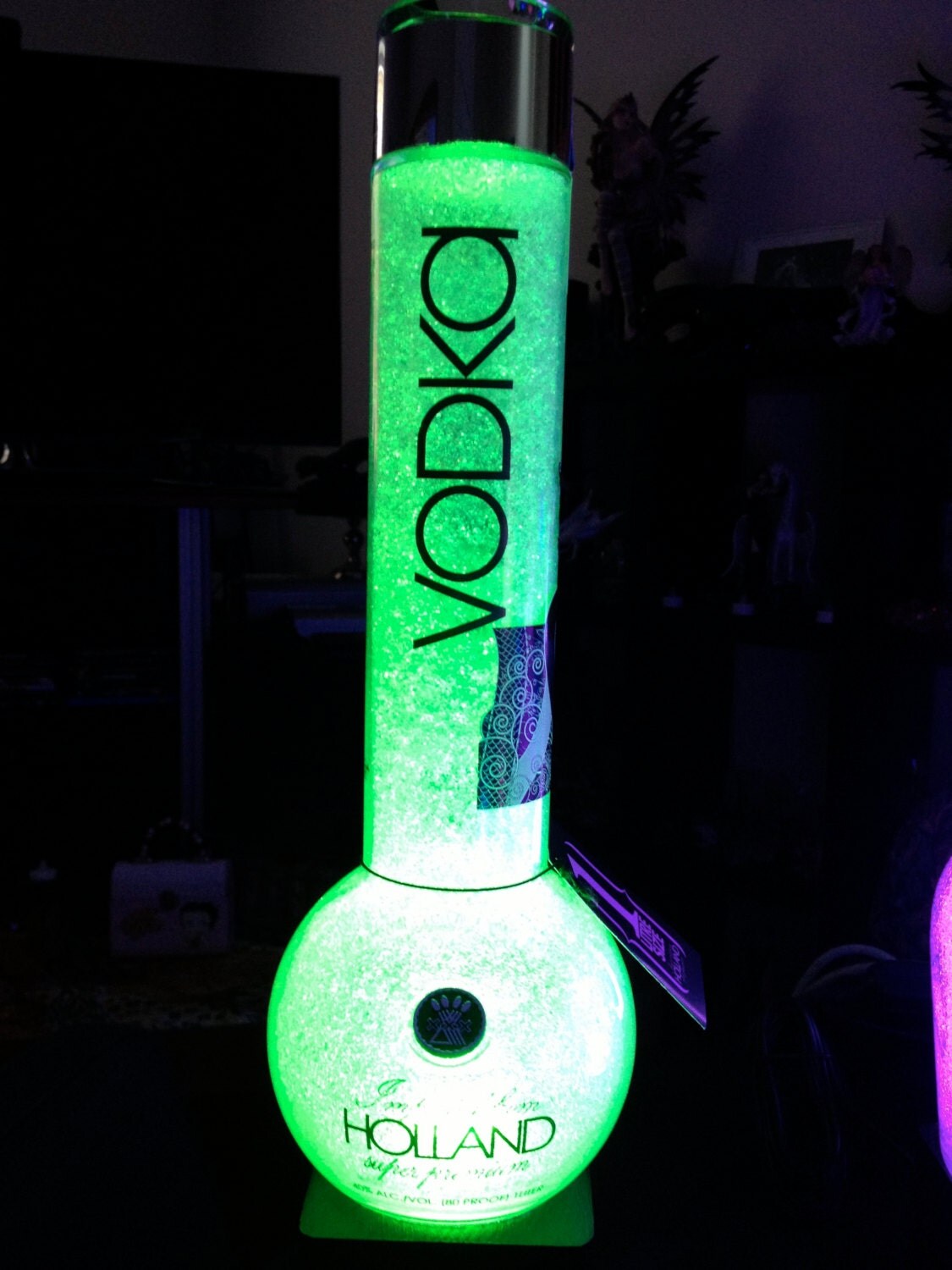 OOAK Glass Dragon Artwork Vodka Bottle Lamp Color changing