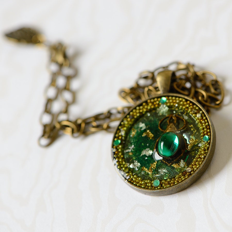 Green Subtle Steampunk Pendant Mixed media with Scarab and Gold leaf