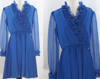 1960s Blue Ruffle V-Neck Semi-Sheer Dress XS/S