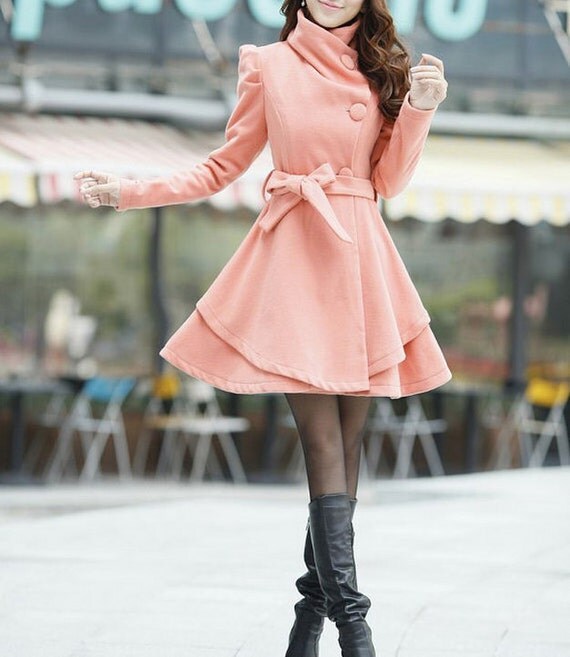 Items similar to Pink Long Dress Spring Trench Coats Wool Cape Coat ...