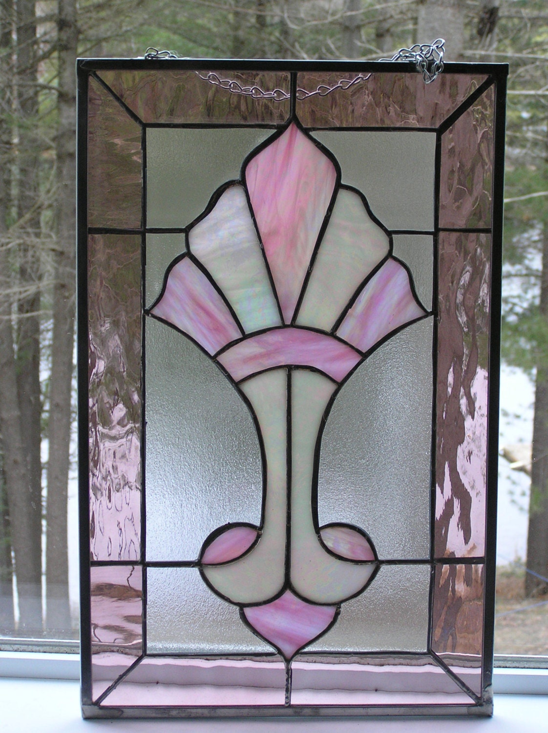 Stained Glass Panel In Pink and White Iridized Glass