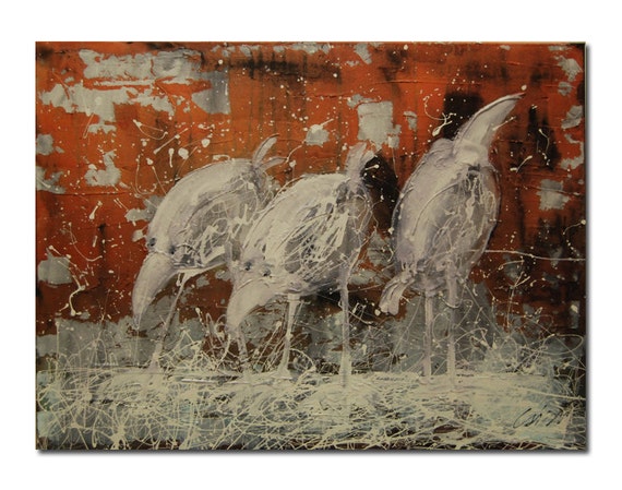 Original Modern Nature Painting Acrylic on Canvas Mixed Media Birds Paintings Orange Red