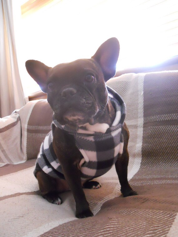 French Bulldog / Dog Black and White Gingham Fleece Hoodie.