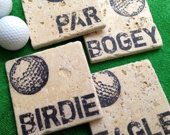 GOLF Par, Birdie, Eagle & Bogey Natural Stone Coaster Set, Beer Coaster, Coaster
