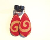 Large teardrop fabric covered wooden earrings