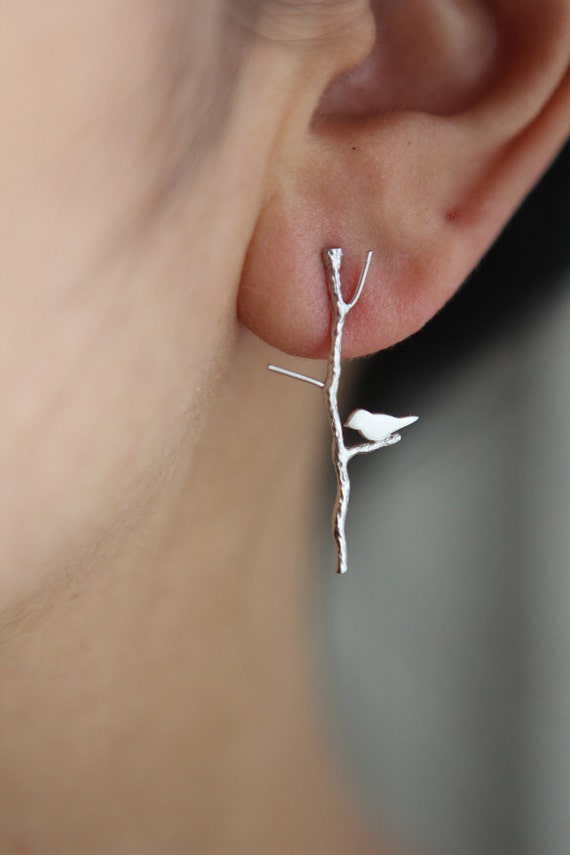 Love Birdie on twig *PRE-ORDER* long earrings in gold or silver finish