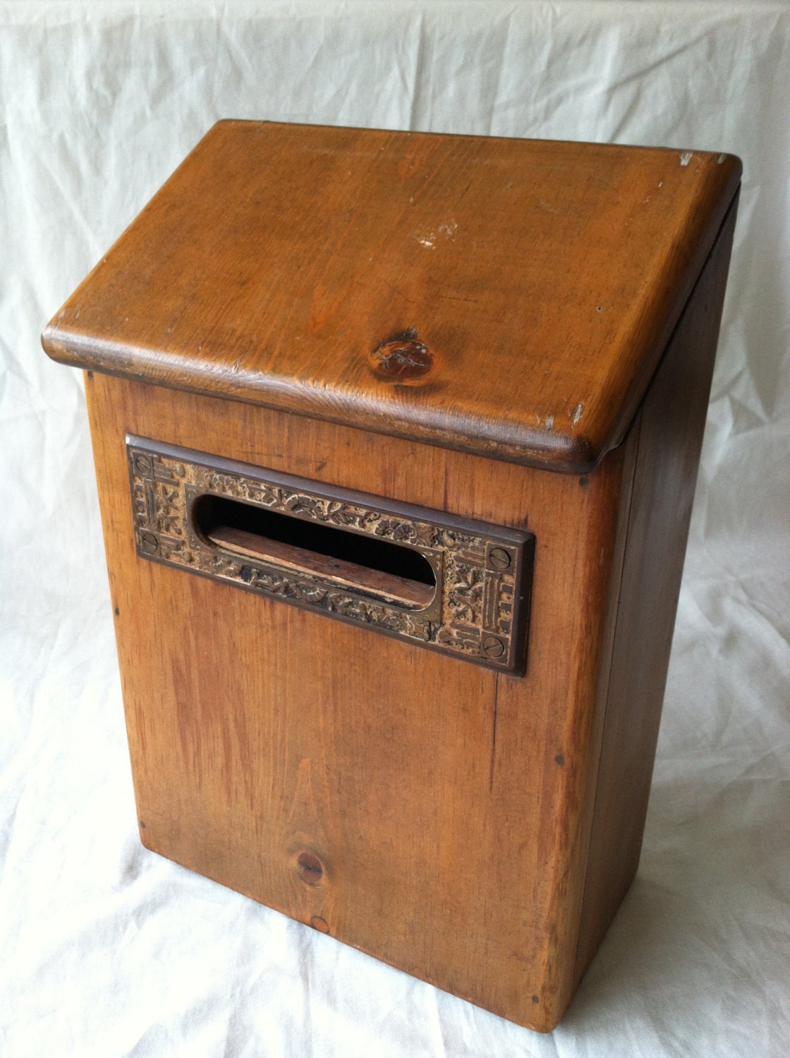 Antique Rustic Wooden Mail Box with Antique Metal Letter Slot