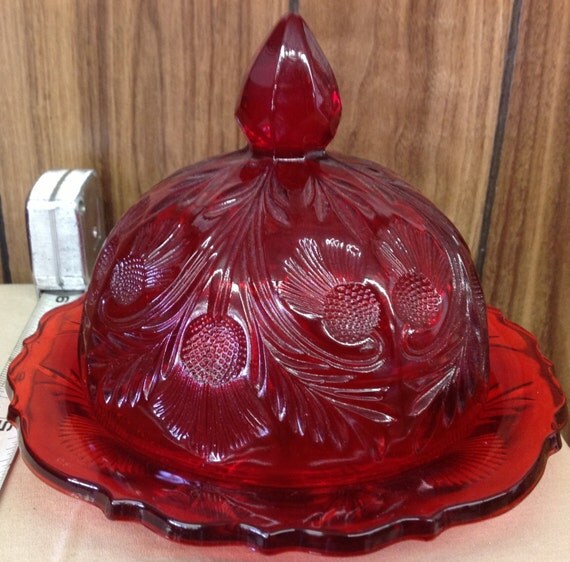 Red Mosser Glass Thistle Butter Dish