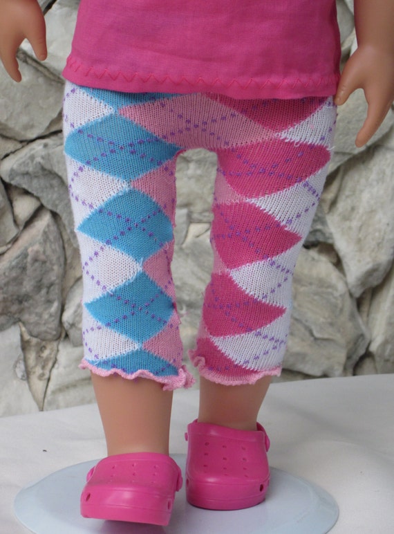 Pink turquoise & white Argyle leggings for an 18 doll.