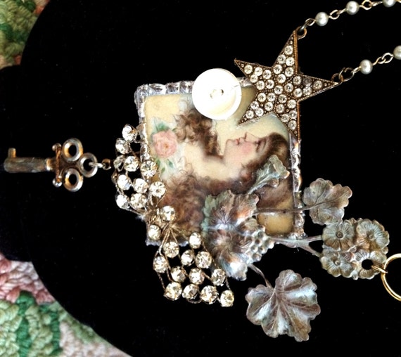 Items similar to beautiful necklace assemblage mixed media, jewelry