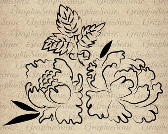 Peonies - Flowers Japanese Style - Printable Graphics Digital Collage Sheet Image Download Transfer Textile Or57