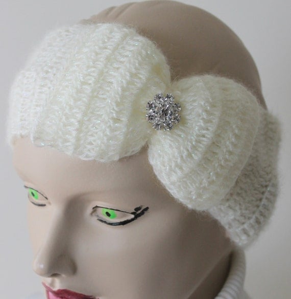Crocheted Cream Headband With Big Bow and Crystal Button / Ear Warmer / Ready to Shipping / Women Accessories / Turban / Gift for Her