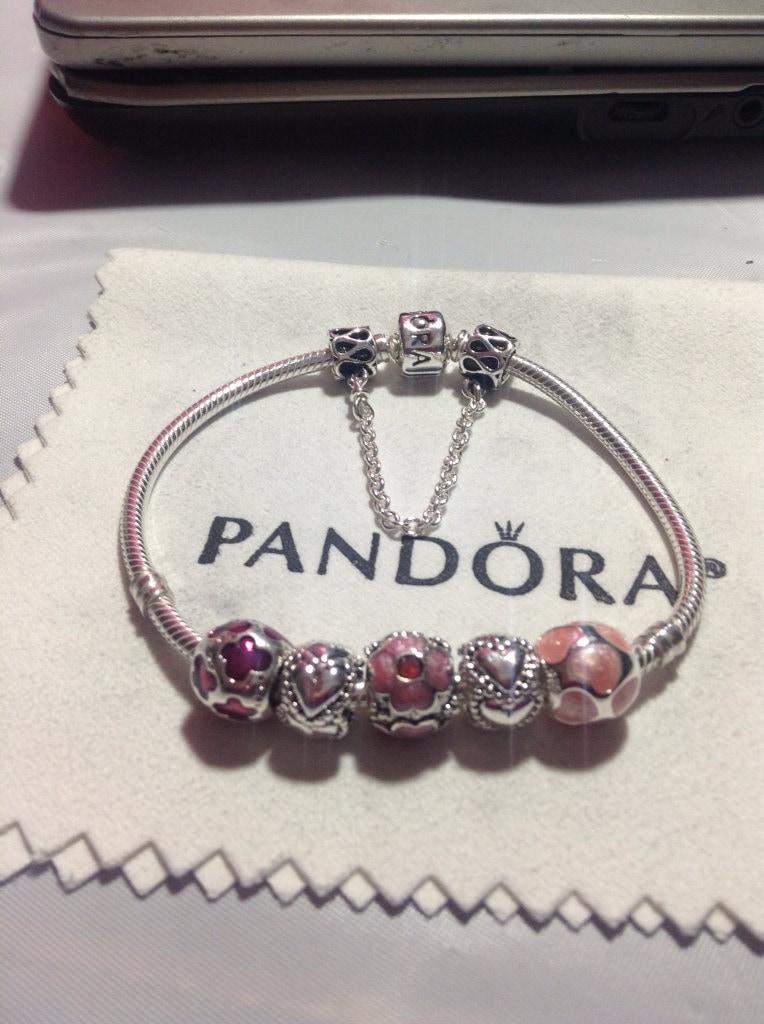 Authentic Pandora Bracelet with mixed metals beads and safety