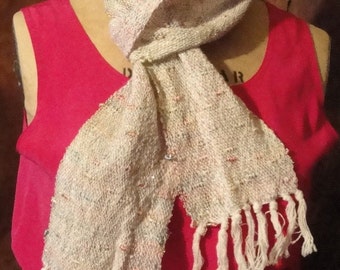Handwoven Long Scarf Pinks Golds, and Blues