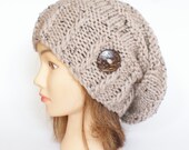 Tweed beige slouch hat women - beanies hat - Slouchy Beanie - hat - chunky hat - Chunky Knit accessory, Slouchy hat button