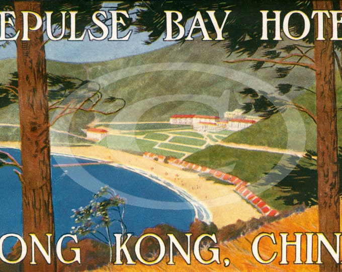Vintage Dan Sweeney The Repulse Bay Hotel Hong Kong China luggage Travel label Fine Art Print Giclee Poster