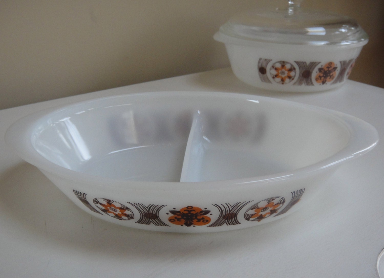 Vintage Brown Floral 2 Qt Glasbake Casserole Dish with Lid and Matching