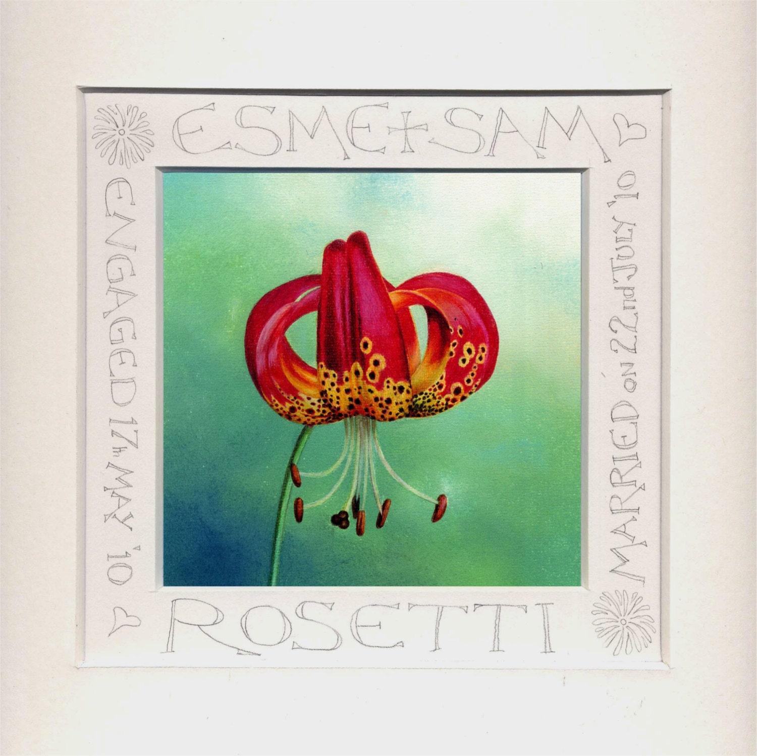 Handwritten Calligraphy message Print of red spotted Lily