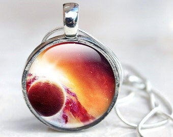 Space Jewelry science jewelry Glass Pendant Necklace, Fantasy Planet Space Wearable Art, Astronomy Picture Pendant with with Silver Chain