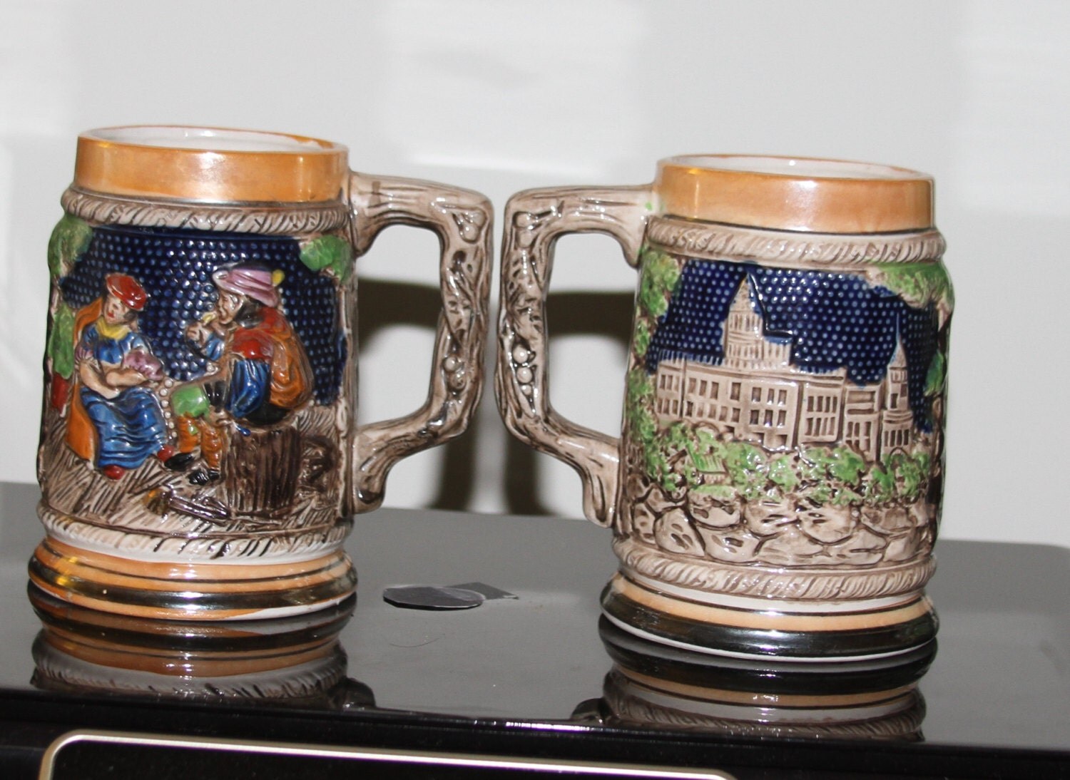 ANTIQUE German Style Embossed Beer Stein Set of 2 Hand Painted Mid