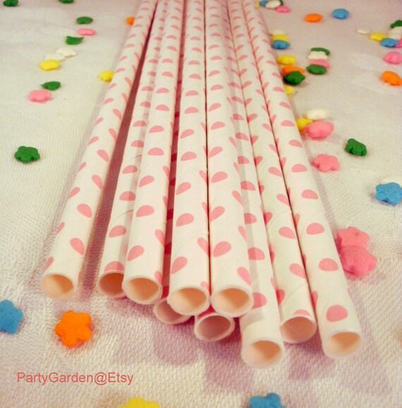 50 Baby Pink Swiss Dot Paper Straws - With Free Printable DIY Flags Il_570xn