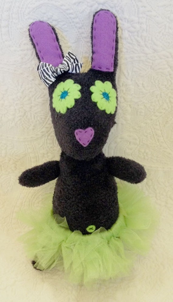 Handmade sock animal - stuffed animal - Fuzzy black and green bunny ballerina