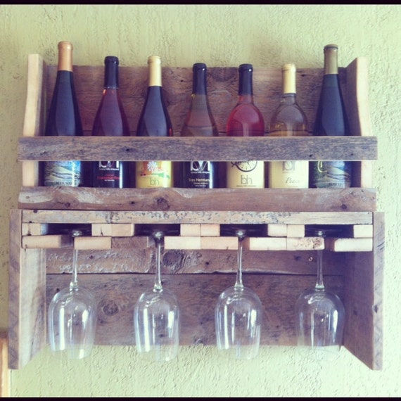Items similar to Reclaimed Wood Wine Rack and Shelf with Wine Glass