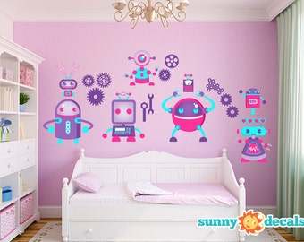 Jumbo Robot Wall Decal, Nursery Wall Decals with Seven Large Robots, Gears, & More, Wall Decals for Girls by Sunny Decals