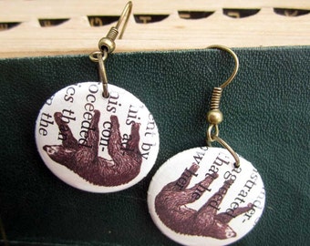 Sloth earrings Book Page Animal jewellery three toed sloth earrings sloth jewelry made from one inch pinback button upcycled book jewelry