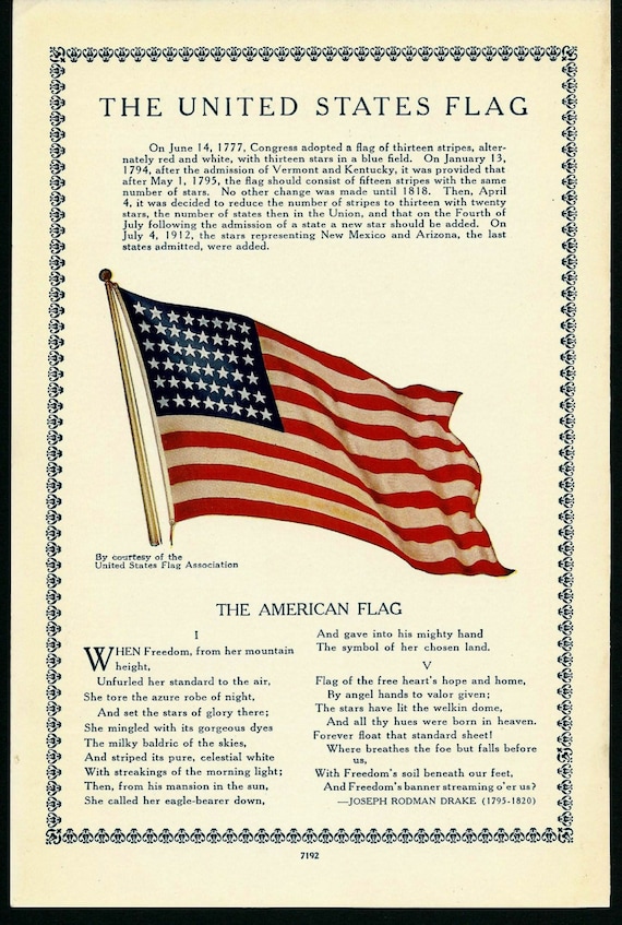 Vintage American Flag Illustration and Poem by Joseph Rodman