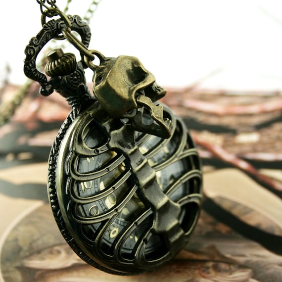 Vintage Style Pocket Watch Necklace Steampunk Pirate Spine Ribe Bone Movable Jaw Skull SET by Chronoskey steampunk buy now online