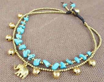 2 Strand Turquoise Stone Brass Bead Ankle Bracelet added Elephant Charm