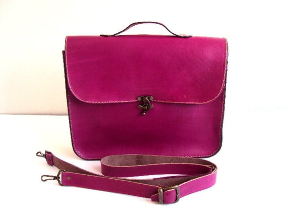 Magenta Pink Leather Laptop Bag Fuchsia Leather by ammaciyo