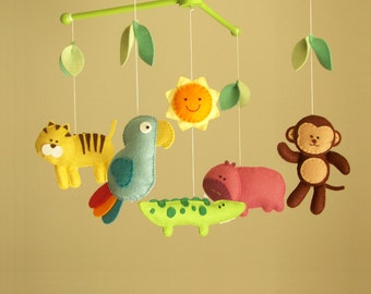 Baby crib mobile, jungle mobile, animal mobile "Exploring the Amazon" - Monkey, Parrot, Alligator, Tiger, Hippo