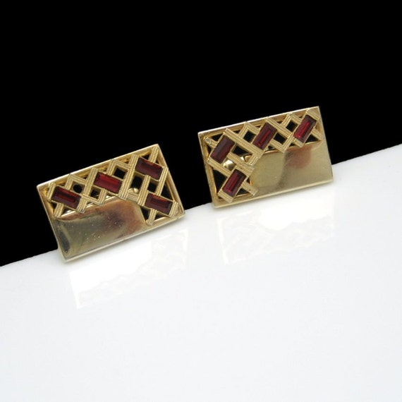 ANSON Vintage Mens Cuff Links Mid Century Red Baguette