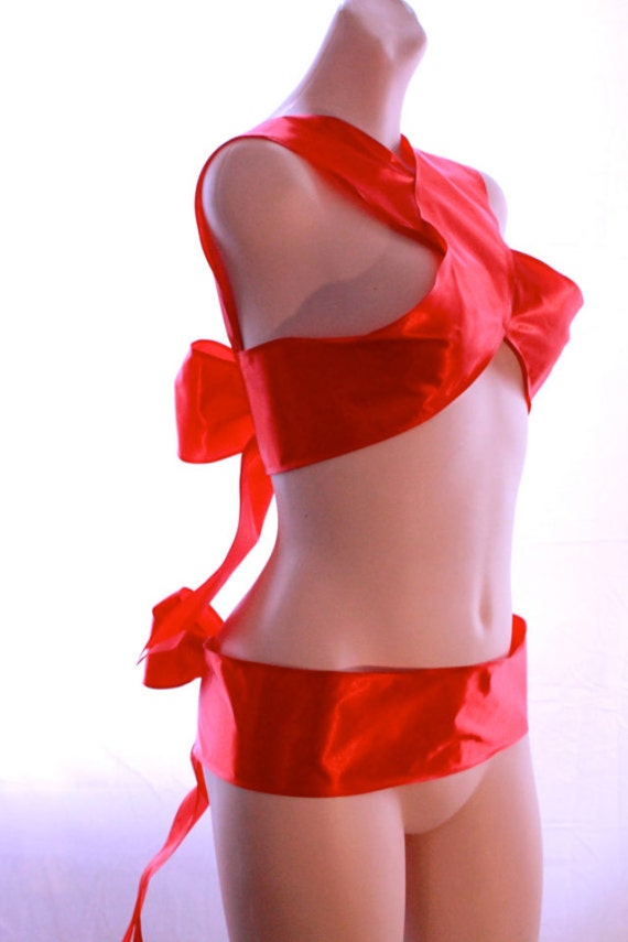 Red Ribbon Sexy Gift burlesque Boudoir lingerie costume