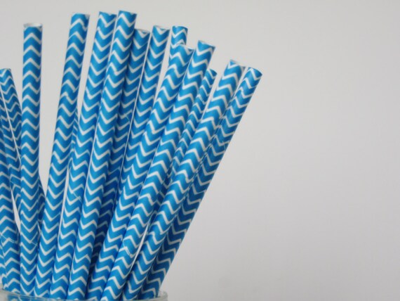 50 Bright Blue and White CHEVRON Paper Straw - ships less than 24 hours Il_570xn