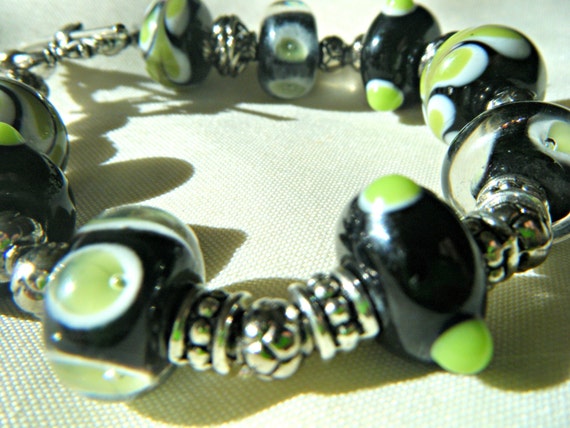 Glass Lampwork Bracelet Evening Garden in Green, Black, and Silver