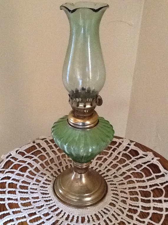 Vintage Small Hurricane Oil Lamp Green Ribbed Glass with Brass