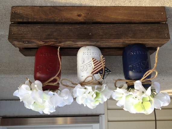 Red White and Blue Rustic Hand painted Mason Jars